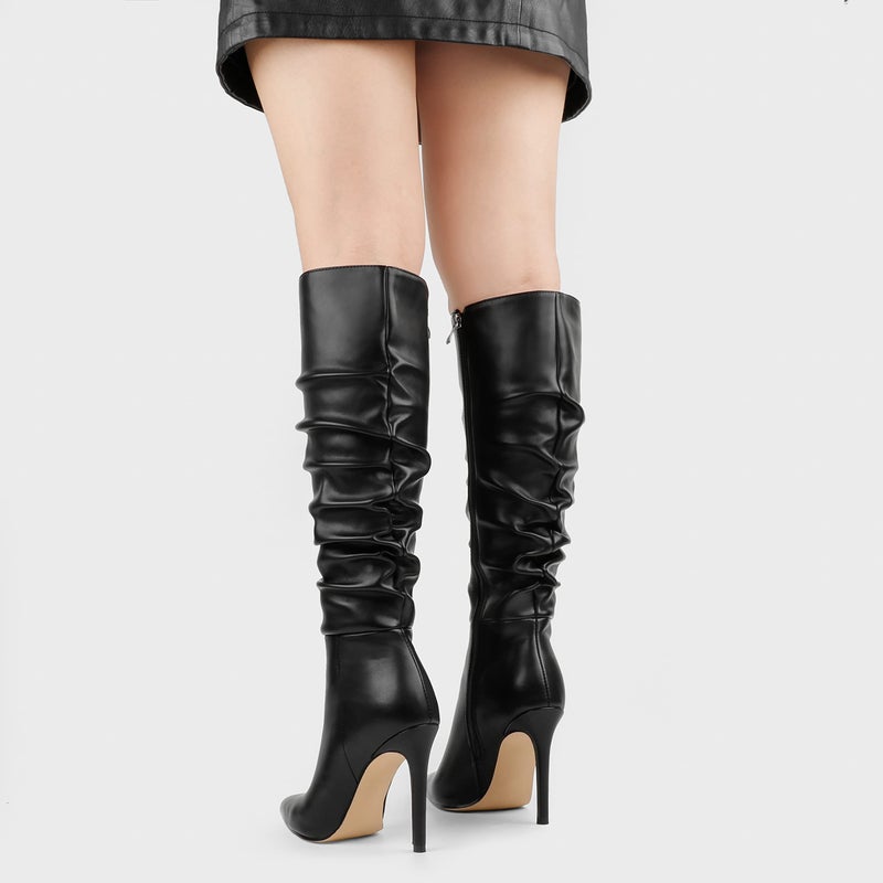 COLETER Women's Knee High Boots Pointed Toe Stiletto Boot Slouch Zipper Heeled Boots Matte Black 9US - Image 3