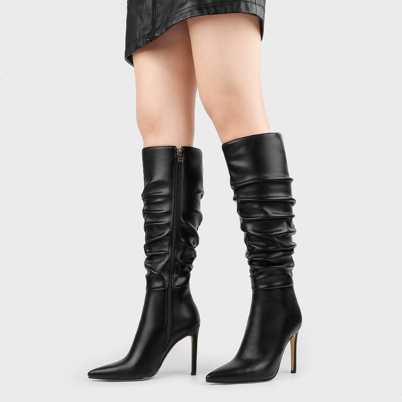 COLETER Women's Knee High Boots Pointed Toe Stiletto Boot Slouch Zipper Heeled Boots Matte Black 9US - Image 4