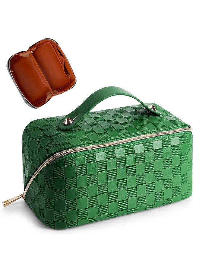 Cessfle Large Capacity Travel Cosmetic Bag Plaid Checkered Makeup Bag Portable Leather Waterproof Skincare Bag with Handle and Divider for Women - Image 1