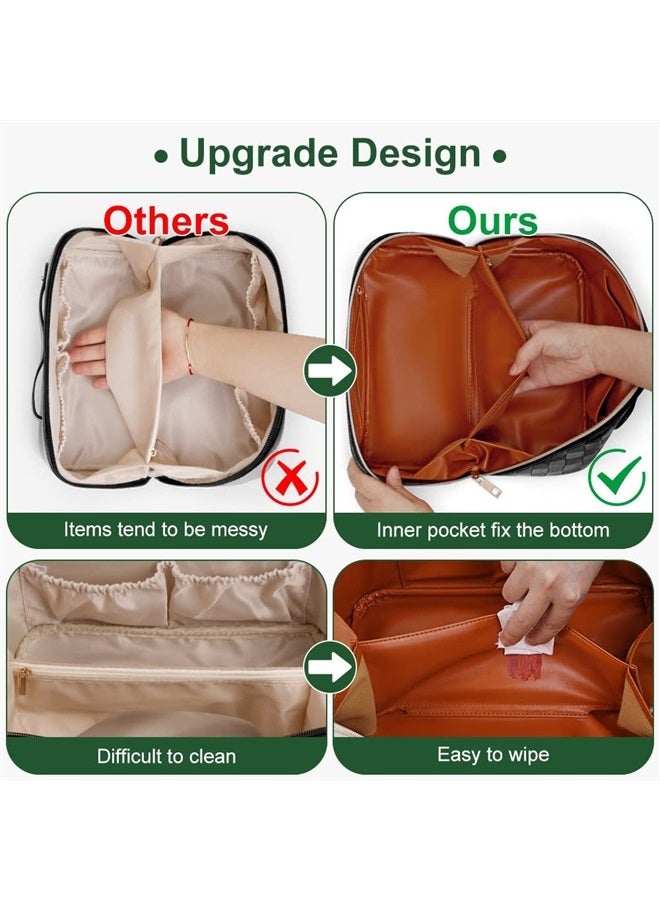 Cessfle Large Capacity Travel Cosmetic Bag Plaid Checkered Makeup Bag Portable Leather Waterproof Skincare Bag with Handle and Divider for Women - Image 4