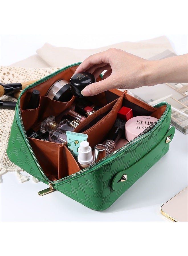 Cessfle Large Capacity Travel Cosmetic Bag Plaid Checkered Makeup Bag Portable Leather Waterproof Skincare Bag with Handle and Divider for Women - Image 2