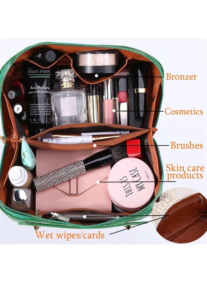 Cessfle Large Capacity Travel Cosmetic Bag Plaid Checkered Makeup Bag Portable Leather Waterproof Skincare Bag with Handle and Divider for Women - Image 5