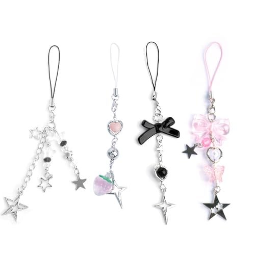 Ruittos 4PCS Cute Phone Charms Aesthetic Y2K Cellphone Charms Strap Pink Strawberry Butterfly Star Charm Y2K Accessories for Phone Bag Keychain Airpods Camera Pendants Decor (Style 1, 4) - Image 1