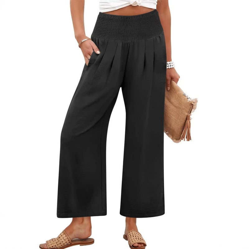Women's Solid High-Waist Elastic Straight Cropped Pants - Image 3