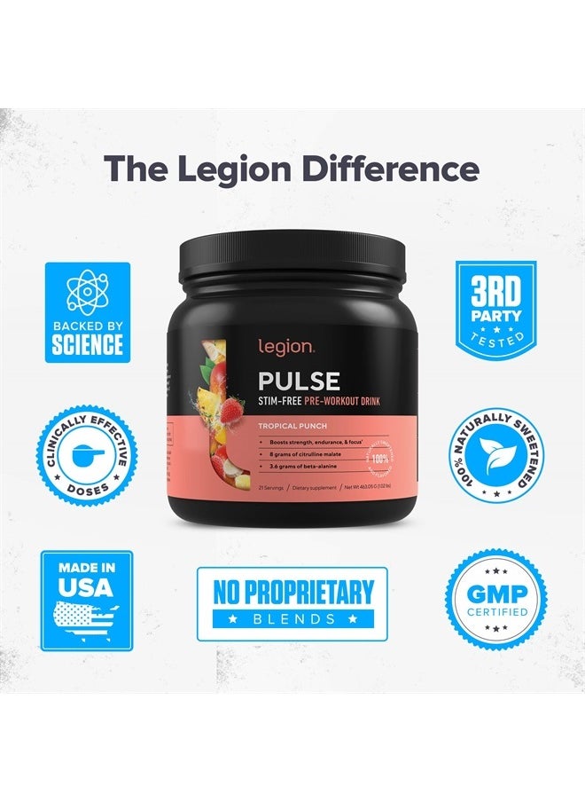 Legion - Pulse Pre Workout Supplement - All Natural Nitric Oxide Preworkout Drink to Boost Energy, Creatine Free, Naturally Sweetened, Beta Alanine, Citrulline, Alpha GPC (Caffeine Free Tropical Punch) - Image 1