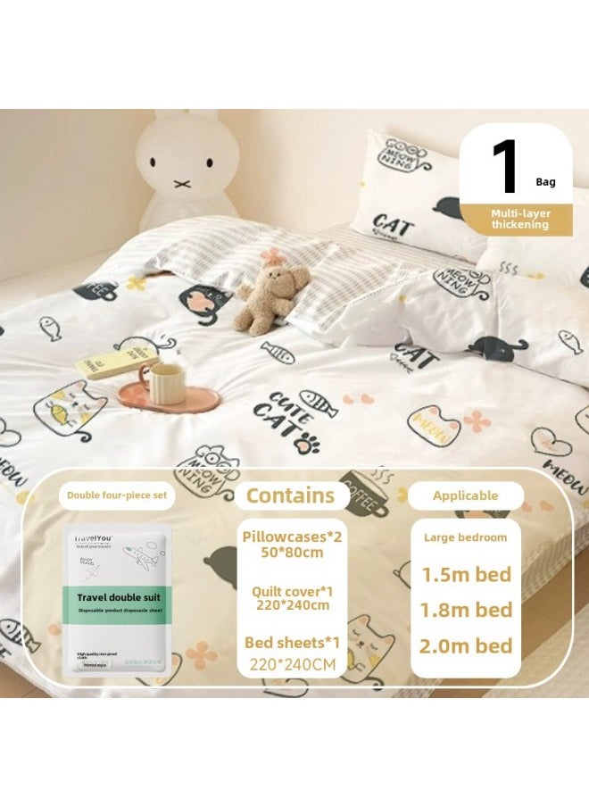Generic Hotel Disposable Thickened Four-piece Bed Sheet Quilt Cover Pillowcase Travel Double Portable Cute Suit Wholesale-Color:Cute Cat [double Four-piece Set 1 Pack] Sterilization And Dirt Separation  - Image 1