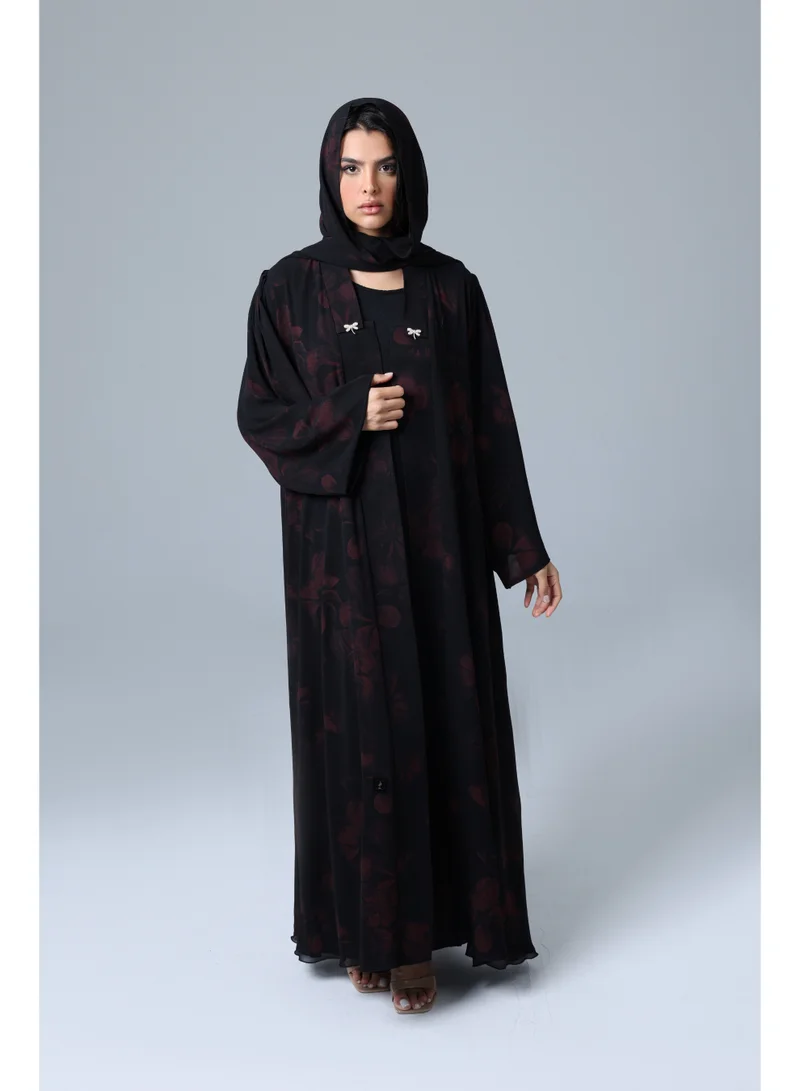 IKKXA Open Front Red Flowers Prints Abaya