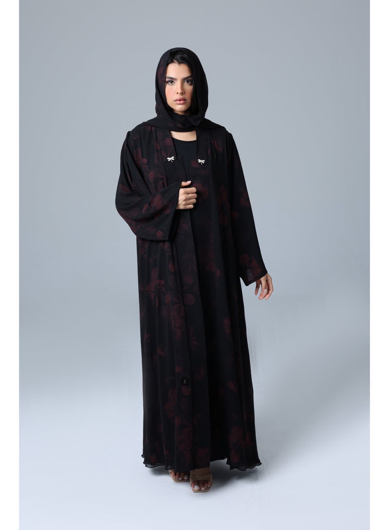 اكسا عباية مفتوحة من الامام ورود احمر - Image 1