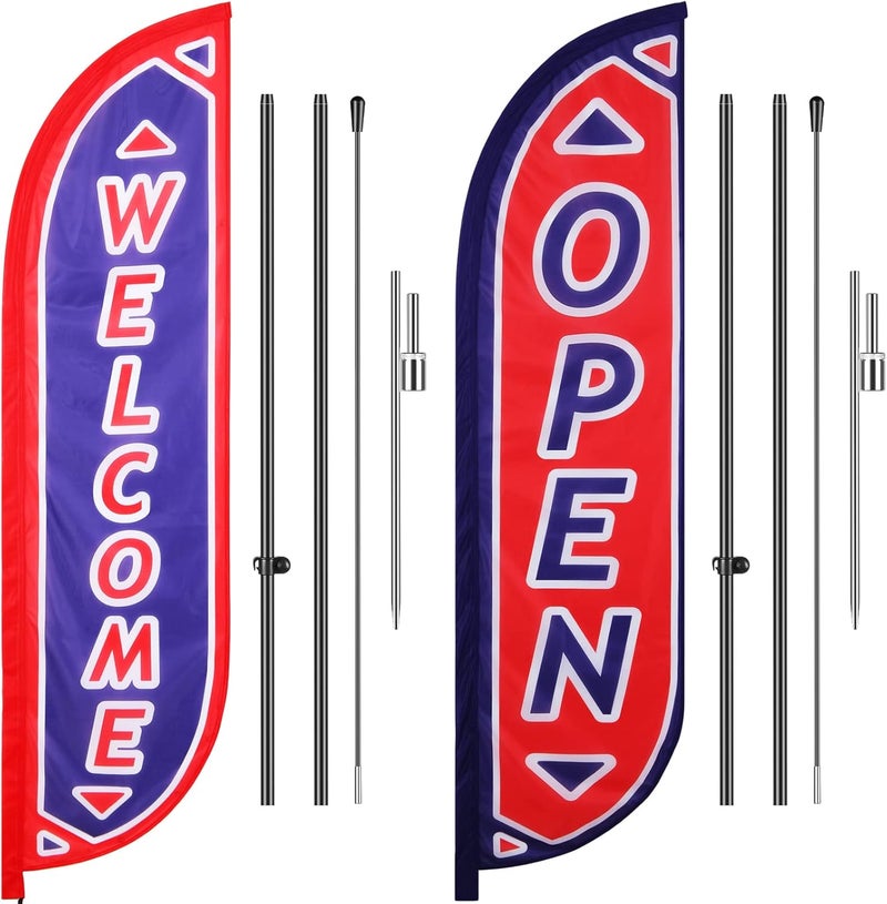 Zhehao 2 Set Feather Flag Banner for Business Advertisement Open Welcome Themed Feather Flag Sign with Completed 92 Feet Pole Kit and Ground Stake for Outdoor Decoration  - Image 1