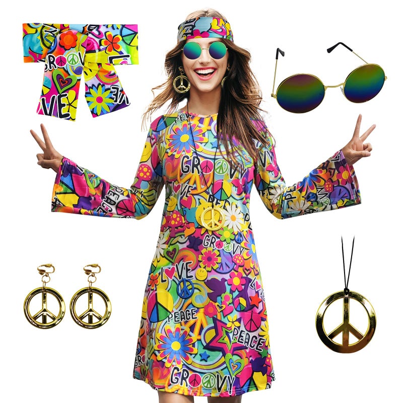 MRYUWB 70s Hippie Dress Costumes Necklace Earrings Sunglass Women Disco Outfit, 60s Party Costume, Halloween Retro Dresses (Love and Peace, M) - Image 1