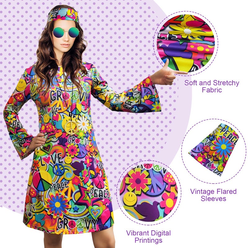 MRYUWB 70s Hippie Dress Costumes Necklace Earrings Sunglass Women Disco Outfit, 60s Party Costume, Halloween Retro Dresses (Love and Peace, M) - Image 5