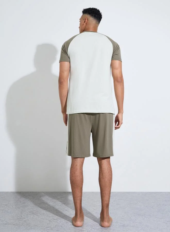 Styli  Olive Color Block Raglan Sleeves T-Shirt and Shorts Pyjama Set for Men | Best Price UAE