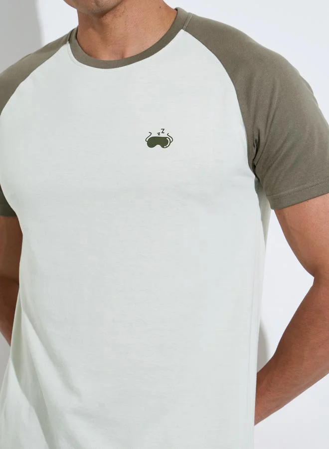Styli  Olive Color Block Raglan Sleeves T-Shirt and Shorts Pyjama Set for Men | Best Price UAE