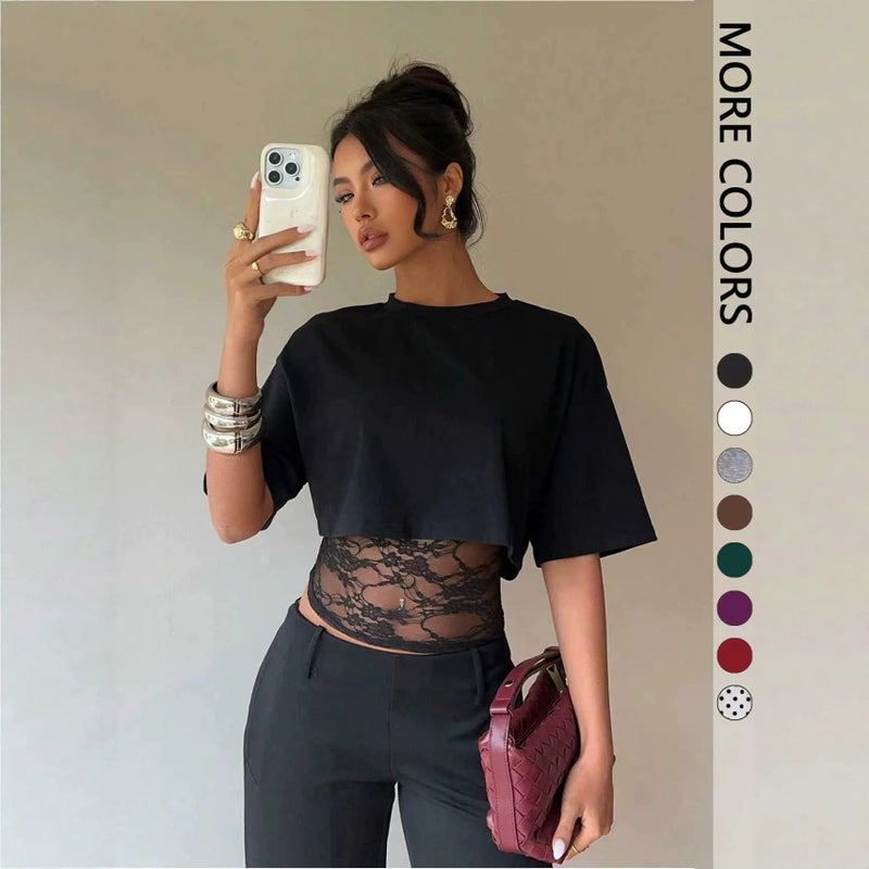 Women's Lace Patchwork Short Sleeve T-Shirt - Image 1