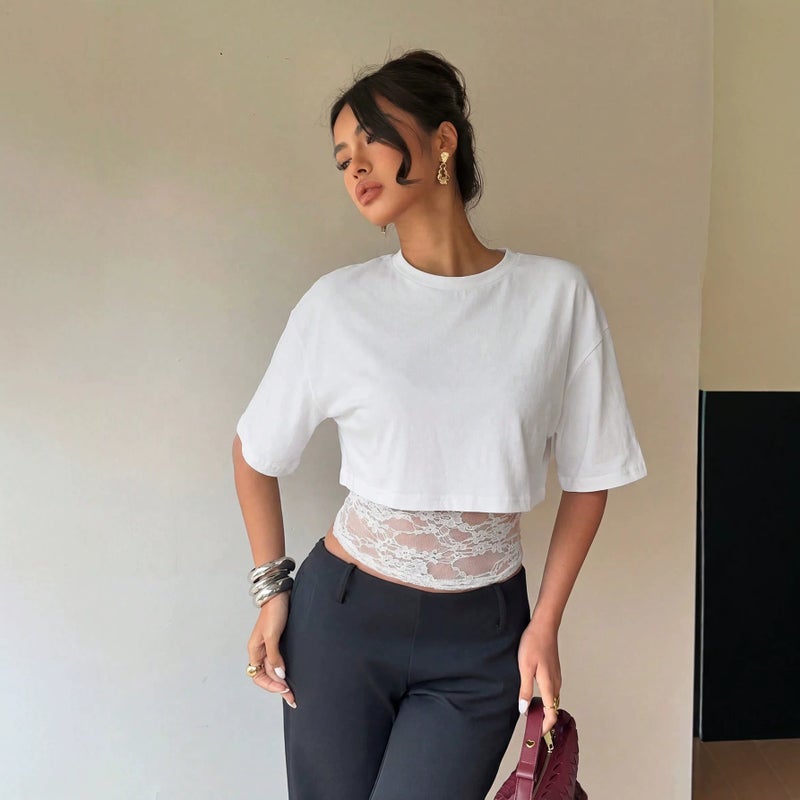 Women's Lace Patchwork Short Sleeve T-Shirt - Image 2