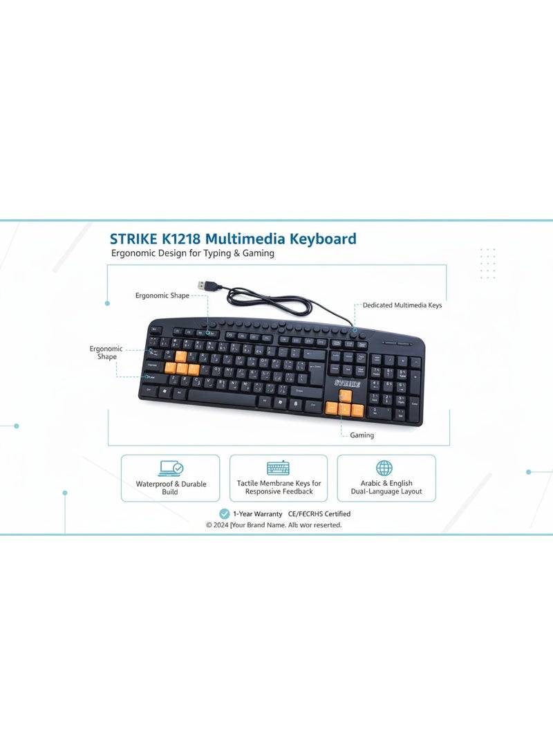 Strike USB wired keyboard for computers – Arabic-English dual-language keyboard, ergonomic and responsive design for office and home use - Image 3