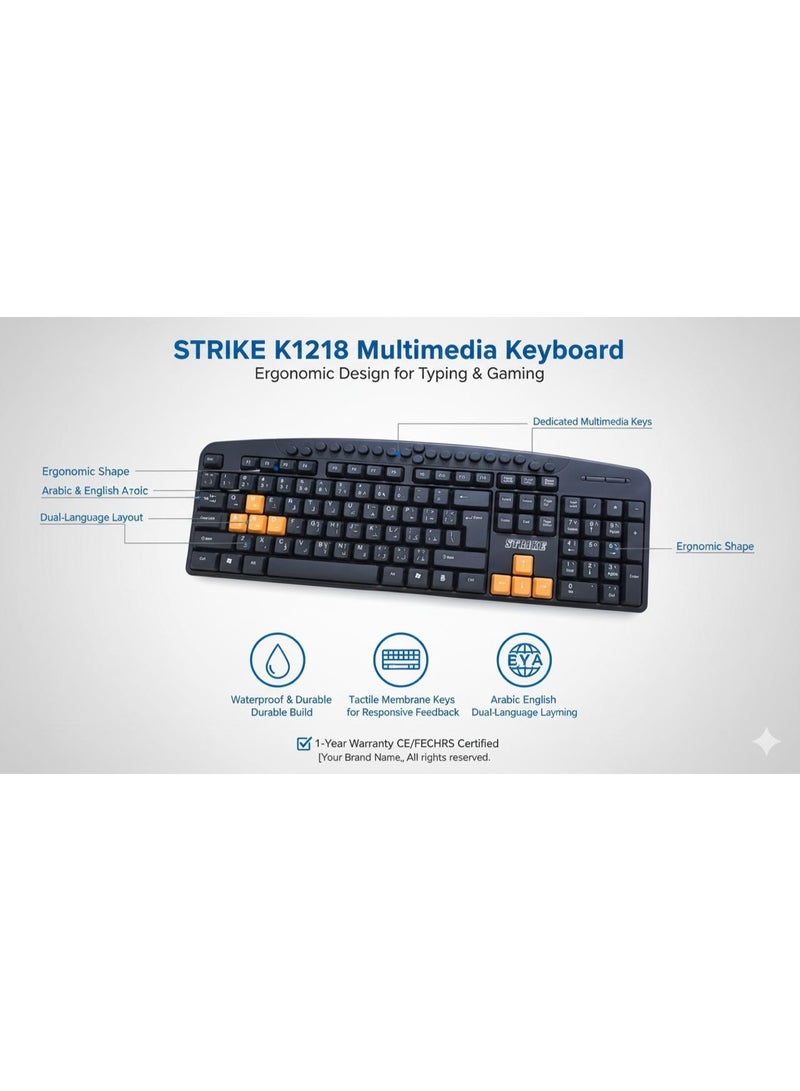 Strike USB wired keyboard for computers – Arabic-English dual-language keyboard, ergonomic and responsive design for office and home use - Image 4