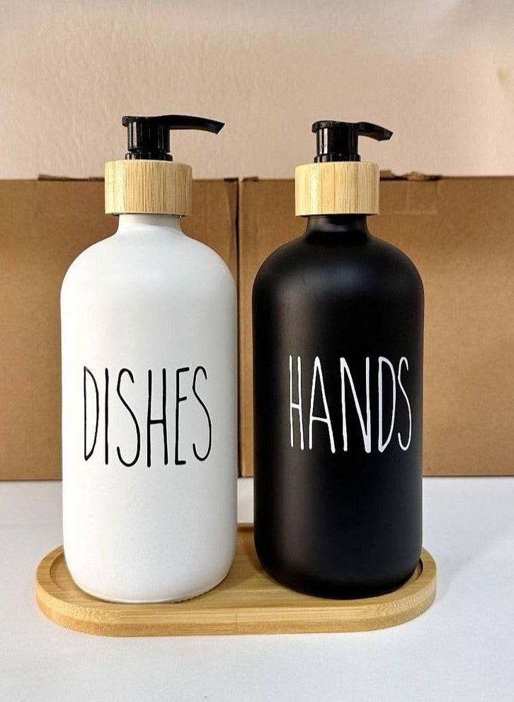 طقم دسبنسير زجاج  2*1 مزود بحامل خشب بامبو ابيض واسود  IR - Image 2