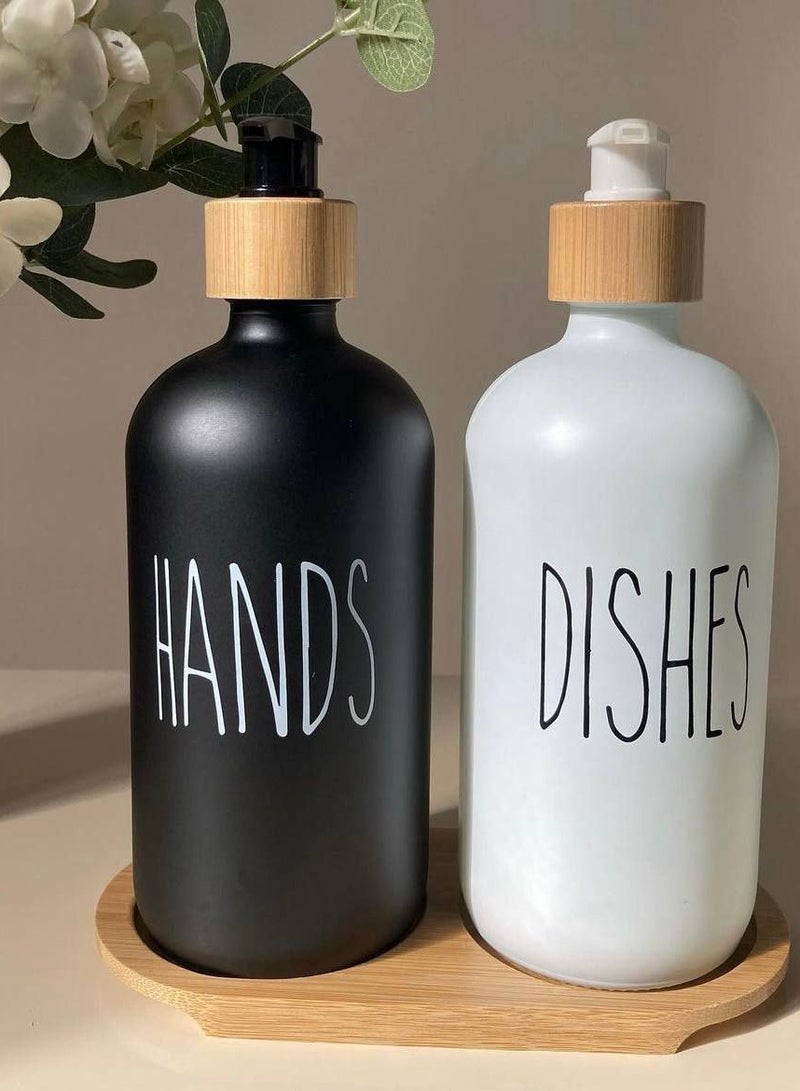 طقم دسبنسير زجاج  2*1 مزود بحامل خشب بامبو ابيض واسود  IR - Image 3