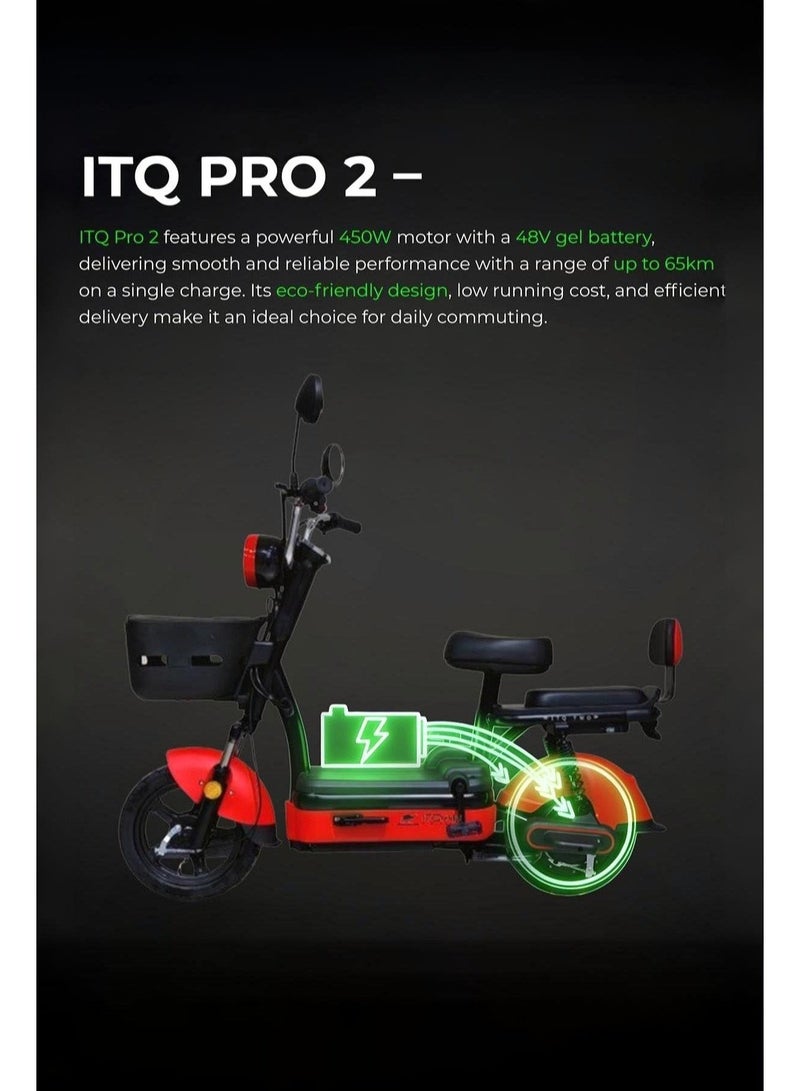 دراجة كهربائية ITQ-2 Pro للبالغين، بقدرة 450 واط، إطارات مقاس 14 بوصة، مدى يصل إلى 65 كم، مزودة بمرايا جانبية وسلة، باللون الأحمر. - Image 1