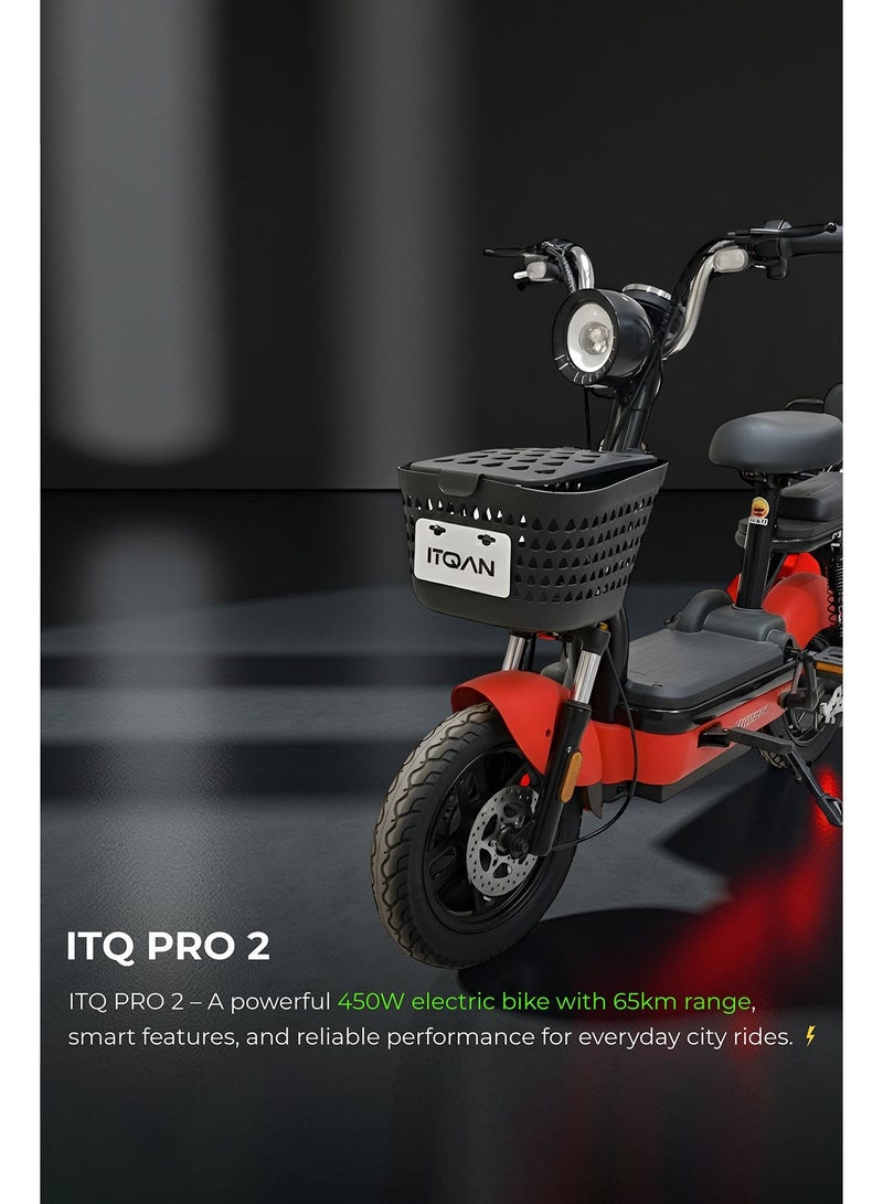 دراجة كهربائية ITQ-2 Pro للبالغين، بقدرة 450 واط، إطارات مقاس 14 بوصة، مدى يصل إلى 65 كم، مزودة بمرايا جانبية وسلة، باللون الأحمر. - Image 2