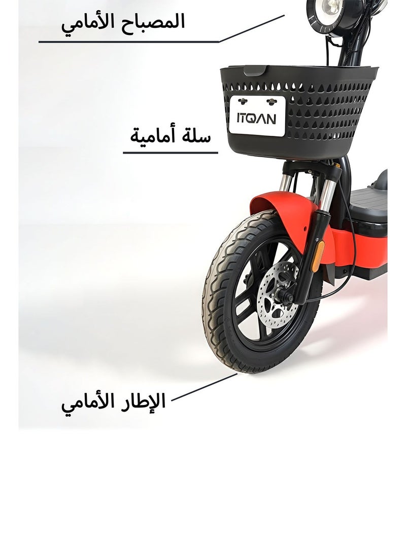 دراجة كهربائية ITQ-2 Pro للبالغين، بقدرة 450 واط، إطارات مقاس 14 بوصة، مدى يصل إلى 65 كم، مزودة بمرايا جانبية وسلة، باللون الأحمر. - Image 3