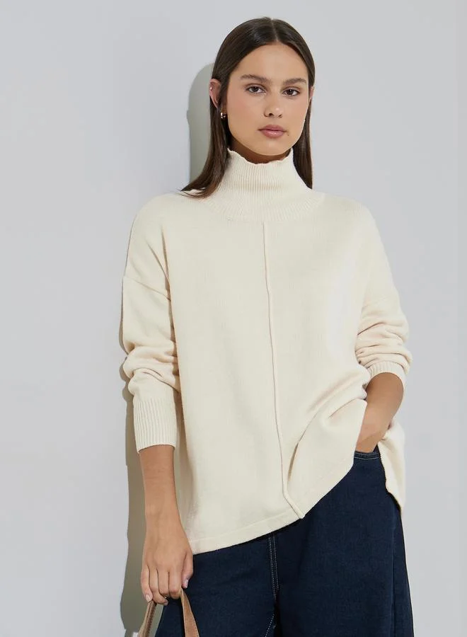 Styli Cream Turtle Neck Oversized Knit Top