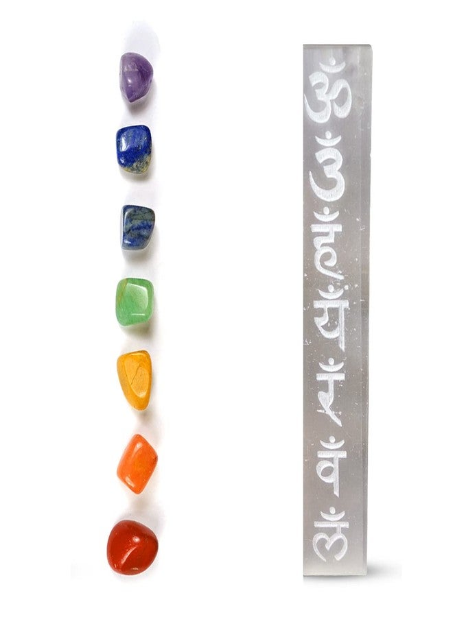 Crystu Natural 7 Chakra Tumble Kit with Selenite Charging Plate | Selenite Scale - Image 1