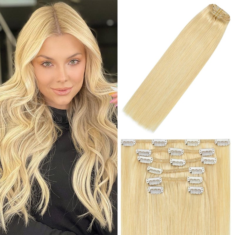 WindTouch Clip in Hair Extensions Bleached Blonde Hair Extensions For Women 15Inch 70g Human Hair Straight7PCS #613