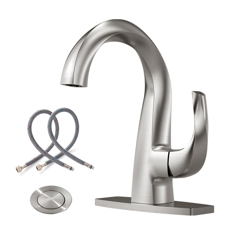 WOWOW Single Handle Bathroom Faucet 1 Hole High Arc Brushed Nickel Popup Drain Solid Brass Commercial Bathroom Sink Faucet Basin Vanity Bar Faucet - Image 2