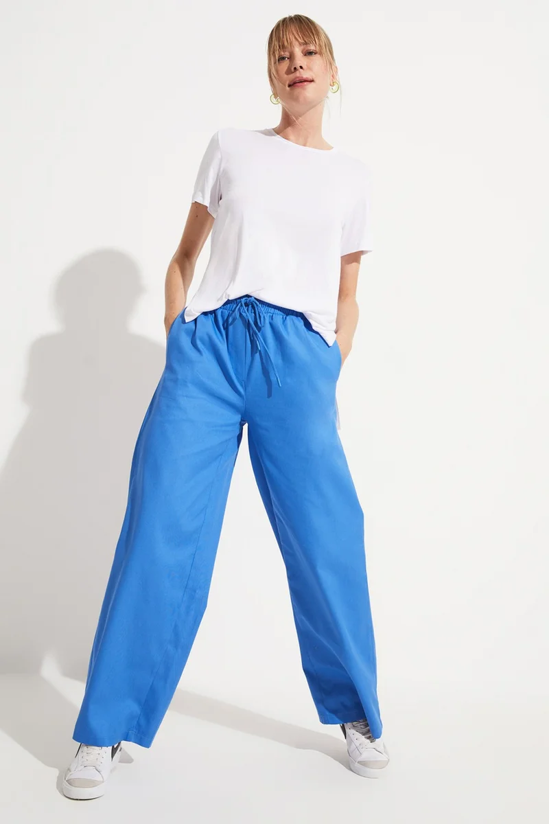 JUNE Women's Exclusive Relaxed Cut Wide Leg/Wide Leg Elastic Waist 100% Cotton Woven Trousers