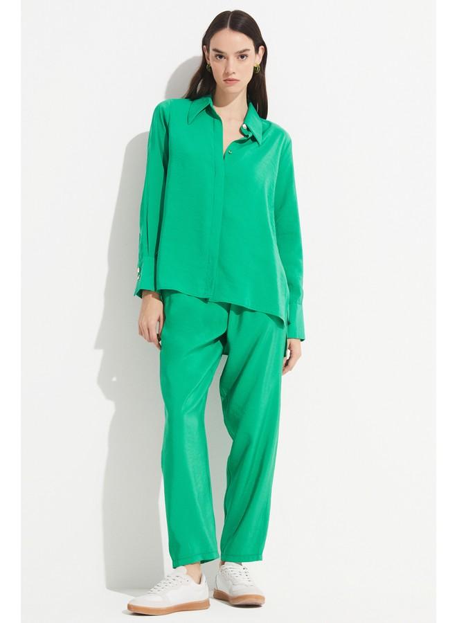 جون قميص نسائي صيفي بقصة عادية من مزيج المودال بلون أخضر داكن - Image 5