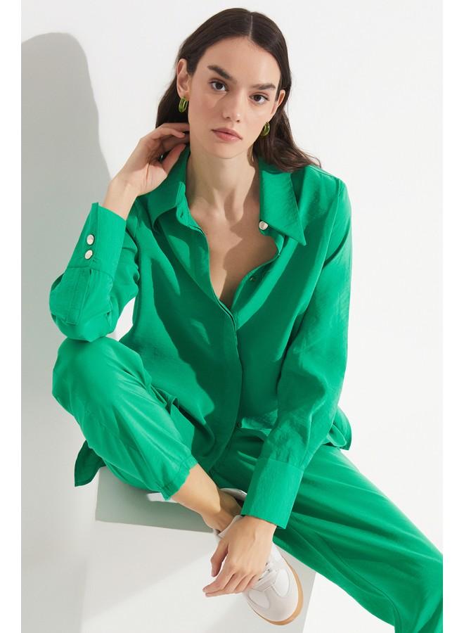 جون قميص نسائي صيفي بقصة عادية من مزيج المودال بلون أخضر داكن - Image 3