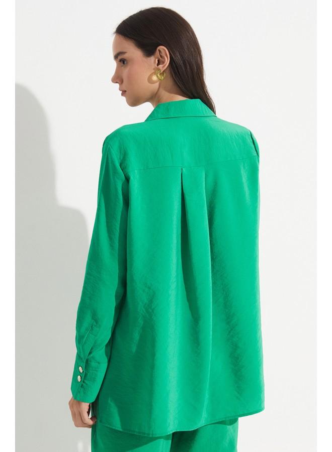 جون قميص نسائي صيفي بقصة عادية من مزيج المودال بلون أخضر داكن - Image 4