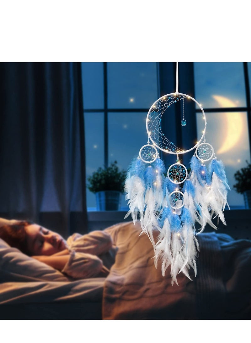 Excefore LED Light Up Dream Catcher Half Circle Moon Decor with Lights Handmade Feather Dreamcatchers for Bedroom Bohemian Home Wedding Ornament Craft Gift, Blue - Image 4