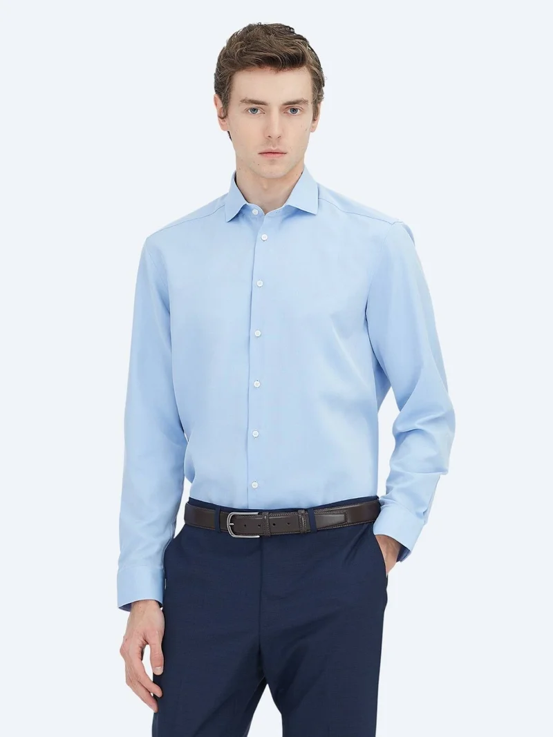 Kip Blue Plain Regular Fit Long Weaving Classical Cotton Blended Shirt