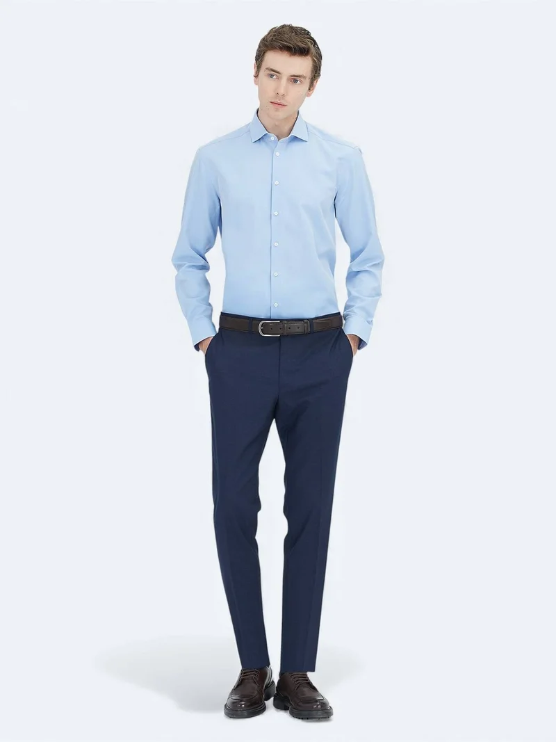 Kip Blue Plain Regular Fit Long Weaving Classical Cotton Blended Shirt