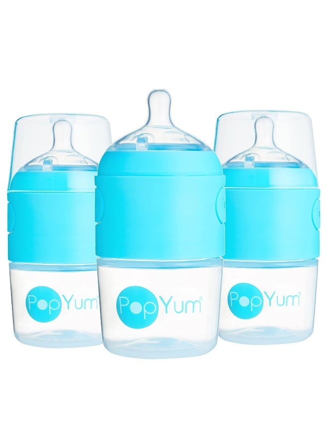 PopYum زجاجات حليب الأطفال PopYum سعة 5 أونصات باللون الأزرق، تركيبة مضادة للمغص، 3 عبوات مع حلمات بطيئة التدفق رقم 1، 150 مل، خالية من BPA، لatch طبيعي - Image 1