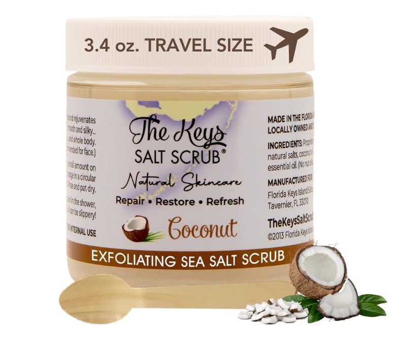 The Keys Salt Scrub -Sea Salt Scrub - Exfoliating Body Scrub with Wooden Spoon - Moisturizing Exfoliator for Hands, Foot, Bath, (3.4 Ounce (Pack of 1), Coconut) - Image 2