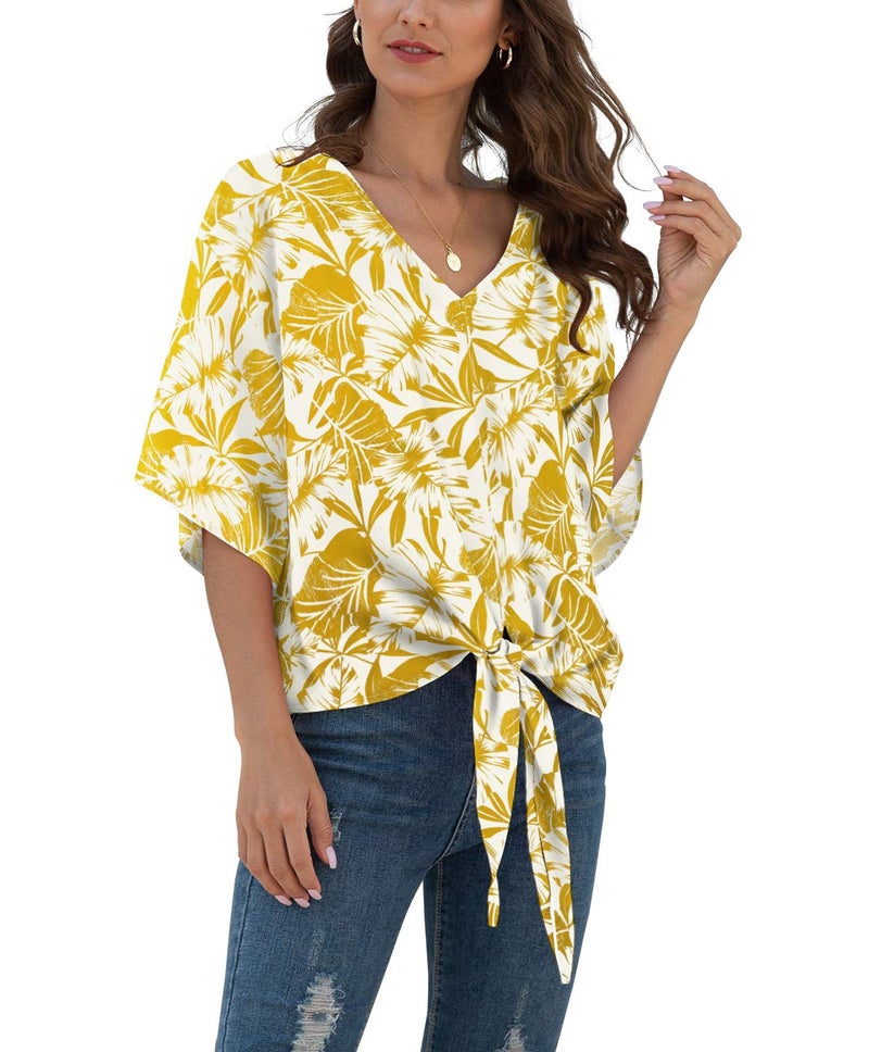 VIISHOW Womens Floral V Neck Tie Knot Front Blouses Bat Wing Short Sleeve Chiffon Tops Shirts(Yellow Leaf,XX-Large) - Image 1