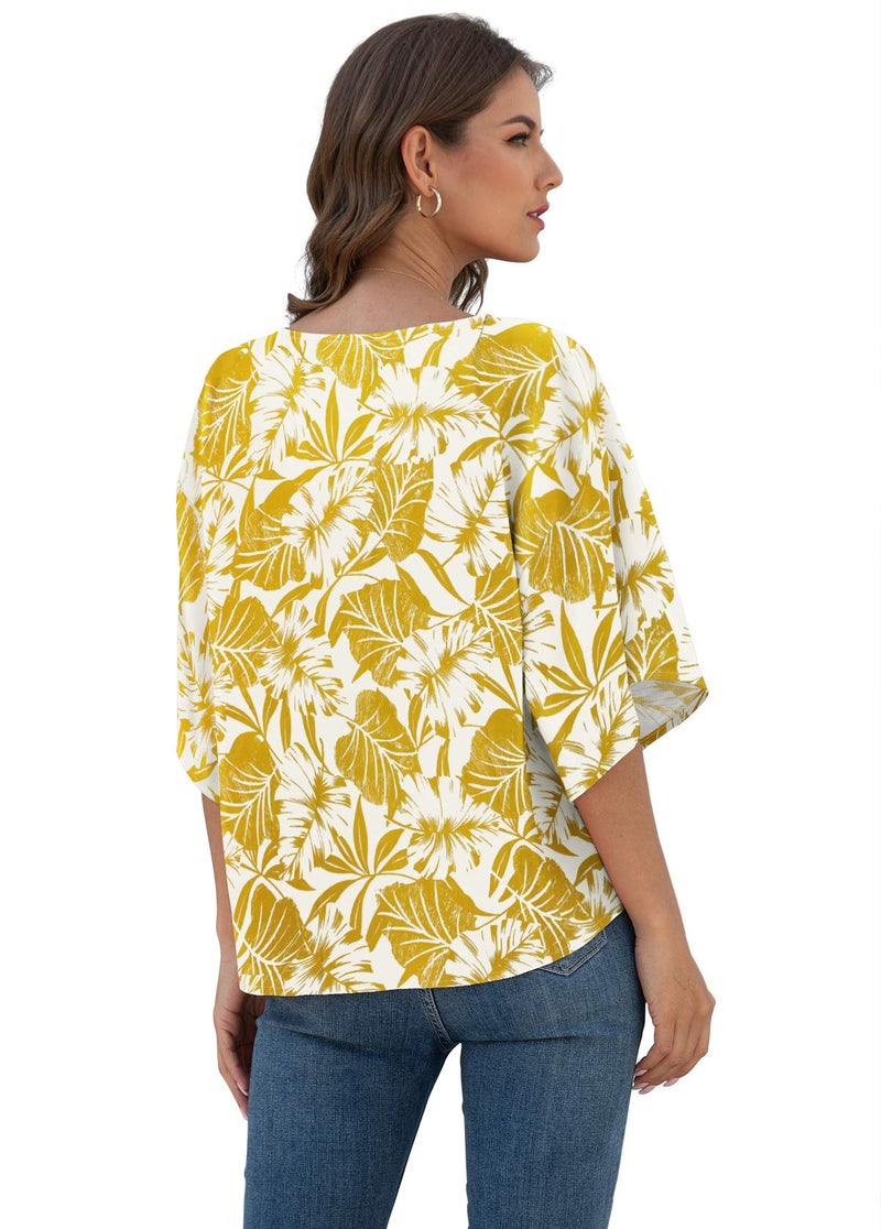 VIISHOW Womens Floral V Neck Tie Knot Front Blouses Bat Wing Short Sleeve Chiffon Tops Shirts(Yellow Leaf,XX-Large) - Image 3