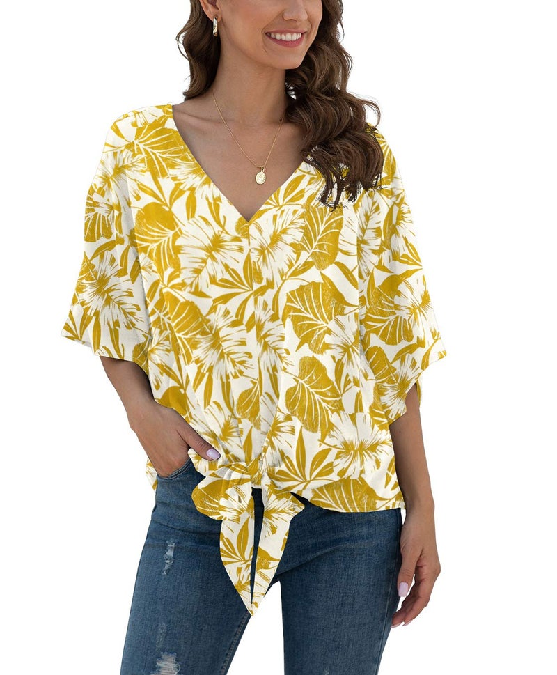 VIISHOW Womens Floral V Neck Tie Knot Front Blouses Bat Wing Short Sleeve Chiffon Tops Shirts(Yellow Leaf,XX-Large) - Image 2