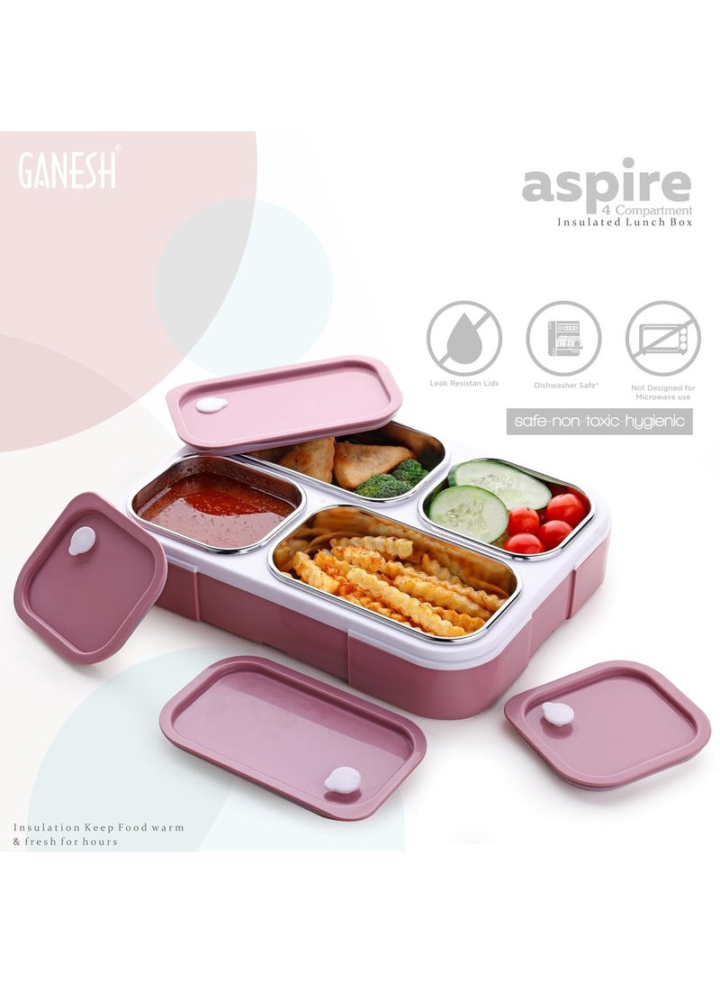 جانيش Ganesh Aspire 4 Compartment Stainless Steel Lunch Box Sealed Leakage Proof Lunch Box for Office School etc 500ml-Peach - Image 2