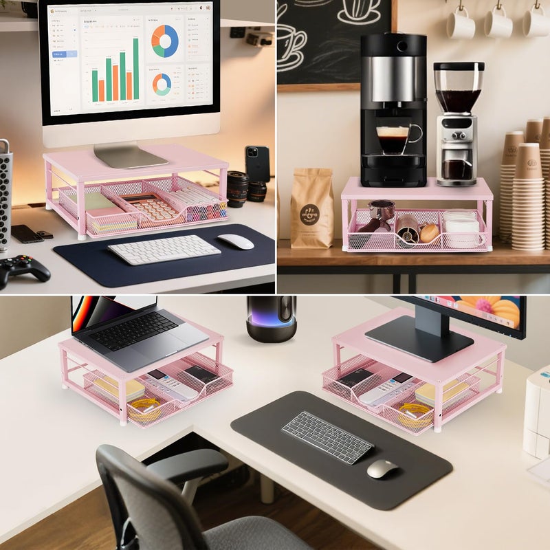 Gugsey Small Pink Laptop Stand for Desk, Monitor Stand, Office Desk Accessories, Computer Desktop Stand with Drawer for Home, Office, School (Pink) - Image 4