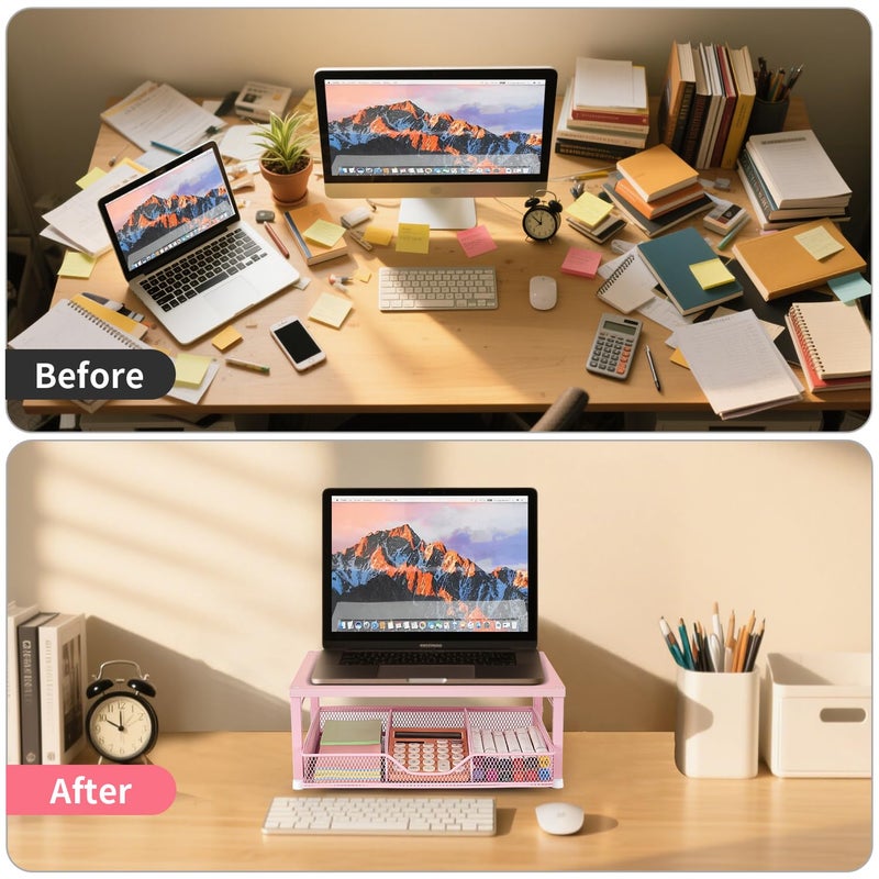 Gugsey Small Pink Laptop Stand for Desk, Monitor Stand, Office Desk Accessories, Computer Desktop Stand with Drawer for Home, Office, School (Pink) - Image 5