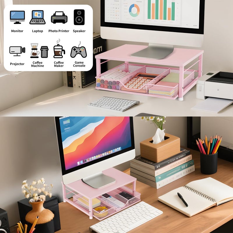 Gugsey Small Pink Laptop Stand for Desk, Monitor Stand, Office Desk Accessories, Computer Desktop Stand with Drawer for Home, Office, School (Pink) - Image 3