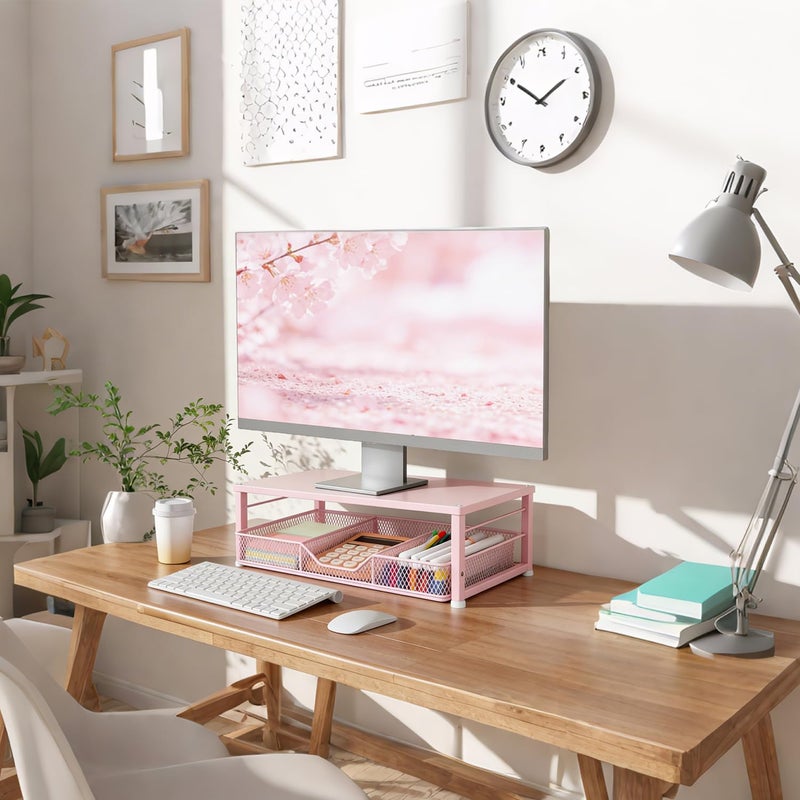 Gugsey Small Pink Laptop Stand for Desk, Monitor Stand, Office Desk Accessories, Computer Desktop Stand with Drawer for Home, Office, School (Pink) - Image 2
