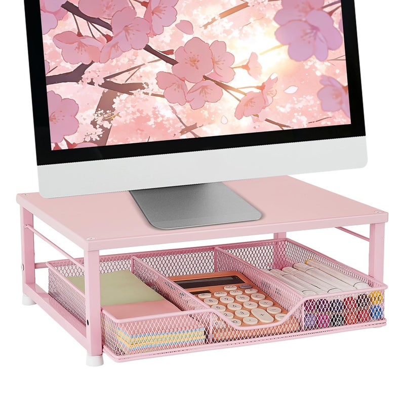 Gugsey Small Pink Laptop Stand for Desk, Monitor Stand, Office Desk Accessories, Computer Desktop Stand with Drawer for Home, Office, School (Pink) - Image 1
