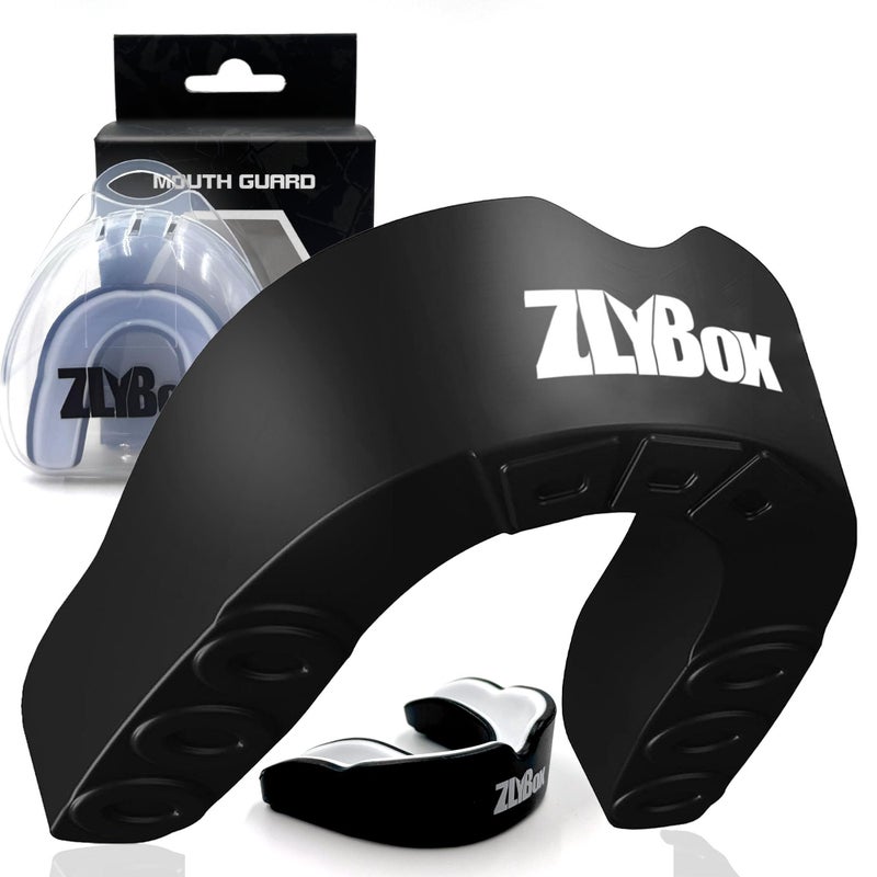ZLYBox Dual-Layer Sports Mouth Guard for Adults & Youth with Case - Dental Protection for Boxing, Football, MMA, Hockey, Basketball, Lacrosse & All Contact Sports (Black White) - Image 1