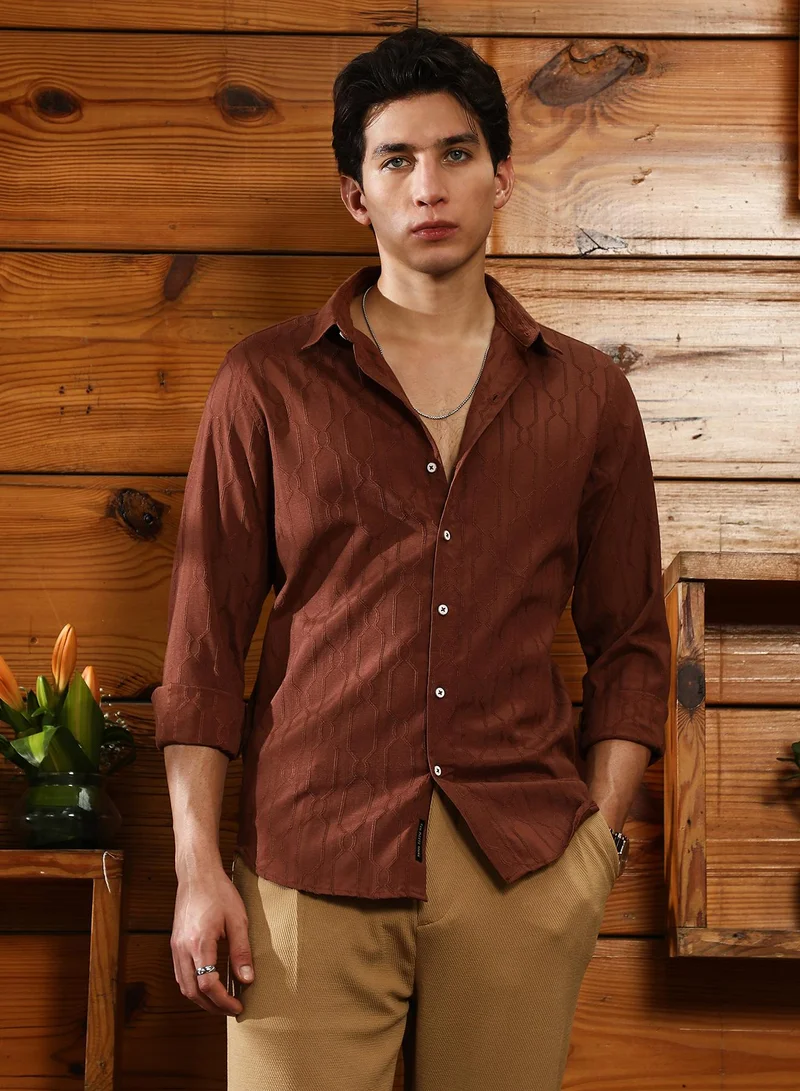 Campus Sutra Campus Sutra Men's Chocolate Brown Indie-Geometric Jacquard Shirt | Spread Collar , Long  Cuffed Sleeves , Button Closure | Solid Dobby | Cotton-Blend Shirt For Casual Wear